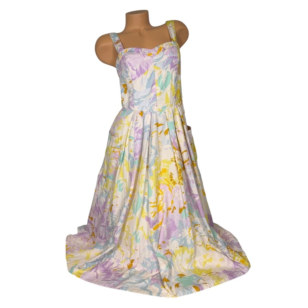 Maeve Anthropologie Floral Cotton‎ Midi A-line Dress Yellow Purple Pockets XS